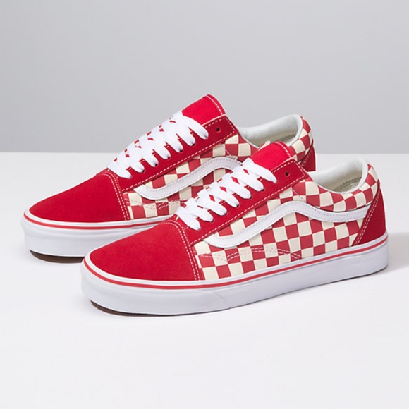 checkered vans with red drip